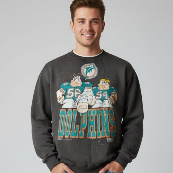 Tultex Other - Tultex XL Dolphins Flinstones Sweatshirt Grunge Faded Football Black Vintage